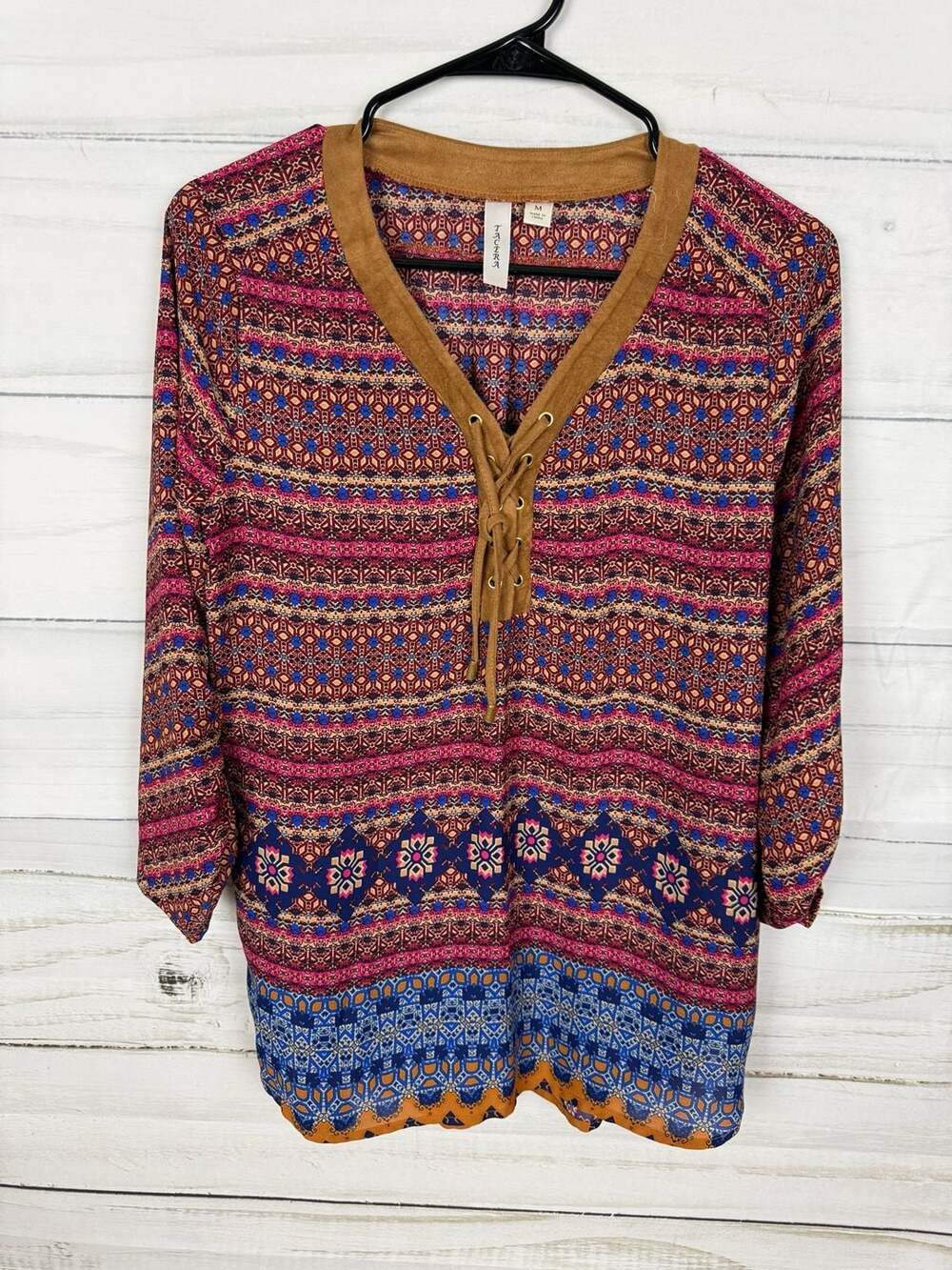 Tacera Women's Size M Lace-Up Front Geometric Print Blouse